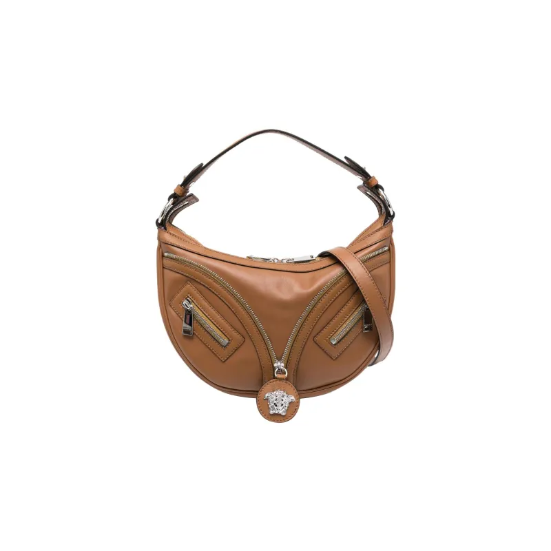 VERSACE Cow Leather HOBO Crescent Bag Handbag Shoulder Bag Small Size Women's Brown-0