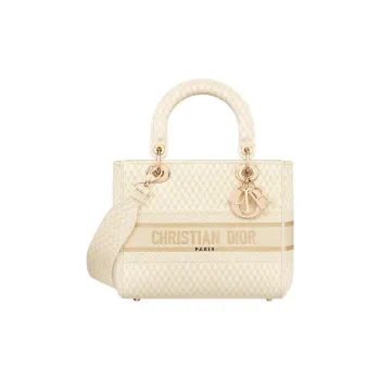 DIOR Lady D-Lite Gold Diamond Embroidery Dior Bag Shoulder Bag Crossbody Bag Handbag Medium Size Women's Beige