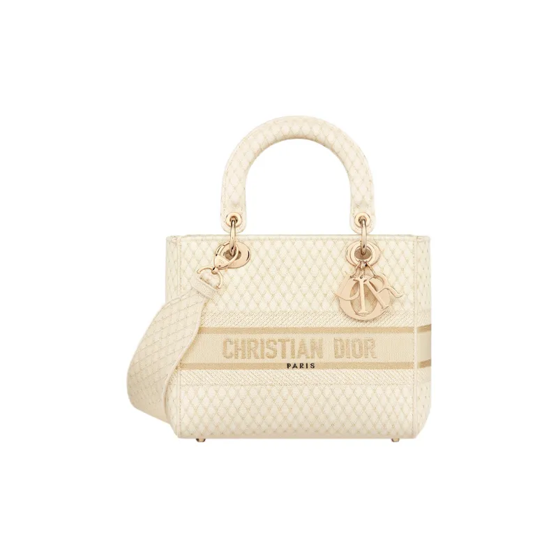 DIOR Lady D-Lite Gold Diamond Embroidery Dior Bag Shoulder Bag Crossbody Bag Handbag Medium Size Women's Beige-0