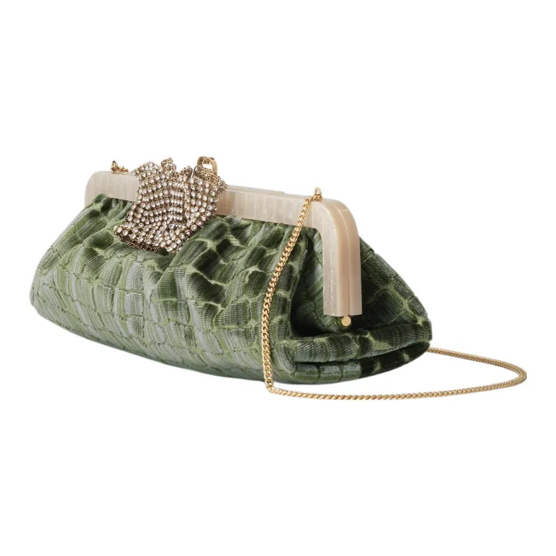 GUCCI Velvet Jacquard One Shoulder Crossbody Clutches Women's Green-1