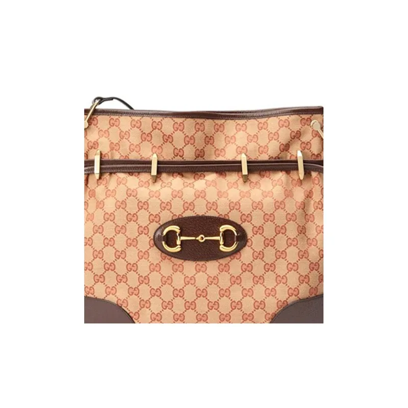 GUCCI Canvas With Leather Messenger Bag, Shoulder Bag, Crossbody Bag Women's Brown & Red & Gold-3
