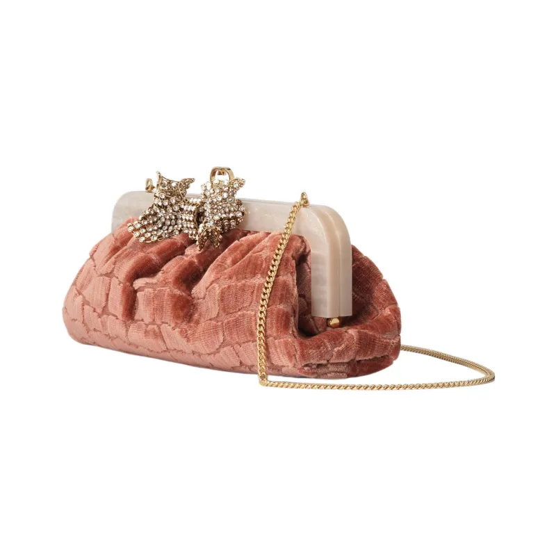 GUCCI Velvet Jacquard One Shoulder Crossbody Clutches Women's Pink-1