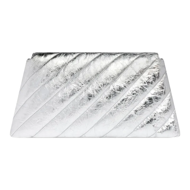 Balenciaga CRUSH Embossed Cowhide Leather Clutch Large Size Women's Silver-3