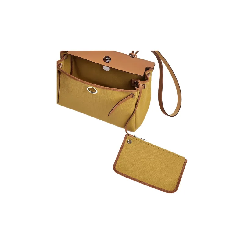HERMES Herbag Zip Retoturne Canvas With Hunter Cow Leather Handbag Shoulder Bag Crossbody Bag Women's AP Yellow-3