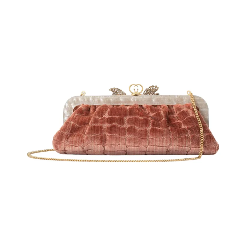 GUCCI Velvet Jacquard One Shoulder Crossbody Clutches Women's Pink-3