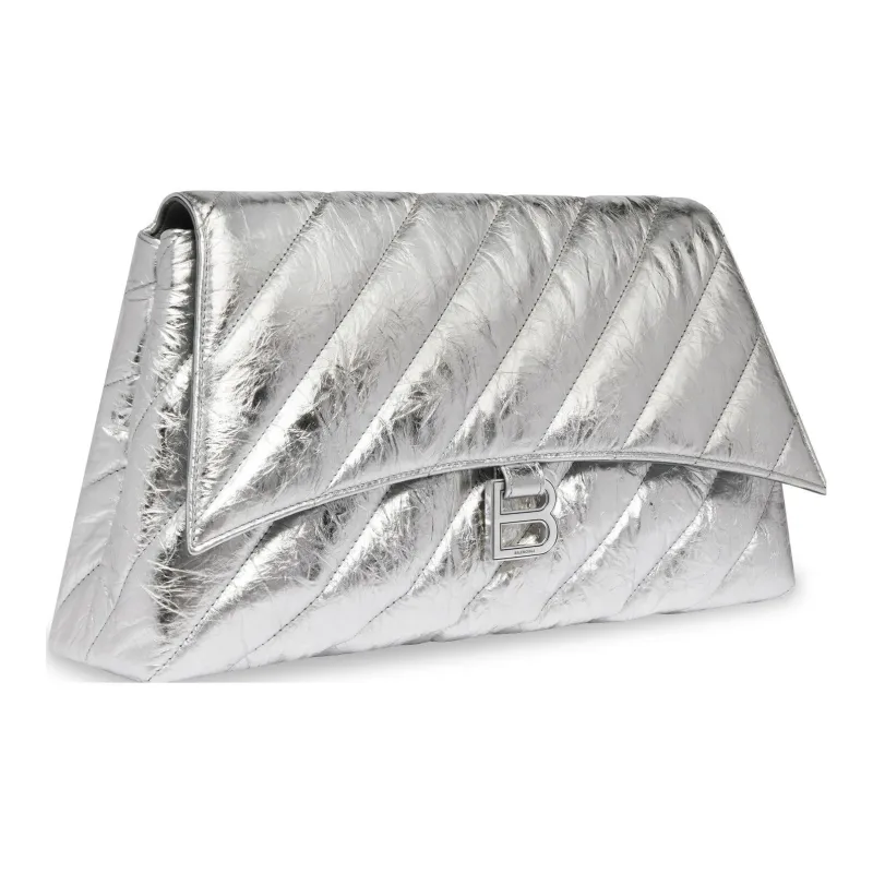 Balenciaga CRUSH Embossed Cowhide Leather Clutch Large Size Women's Silver-1