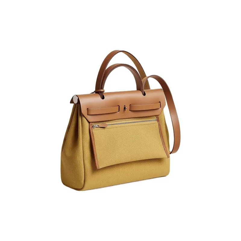 HERMES Herbag Zip Retoturne Canvas With Hunter Cow Leather Handbag Shoulder Bag Crossbody Bag Women's AP Yellow-2
