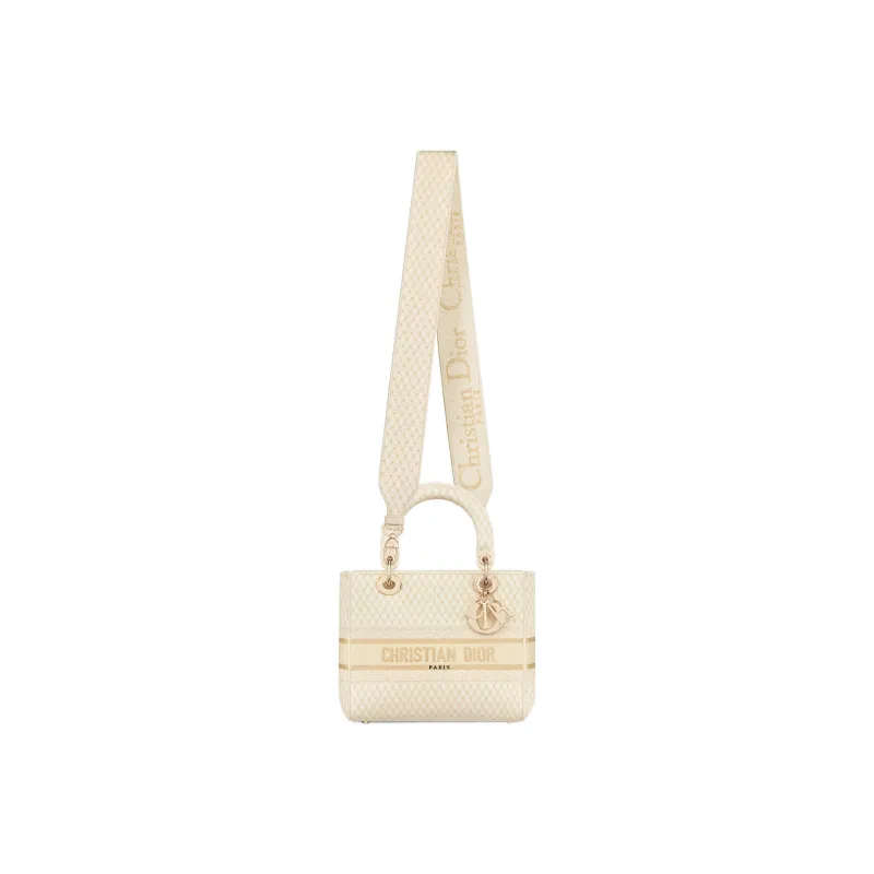 DIOR Lady D-Lite Gold Diamond Embroidery Dior Bag Shoulder Bag Crossbody Bag Handbag Medium Size Women's Beige-3