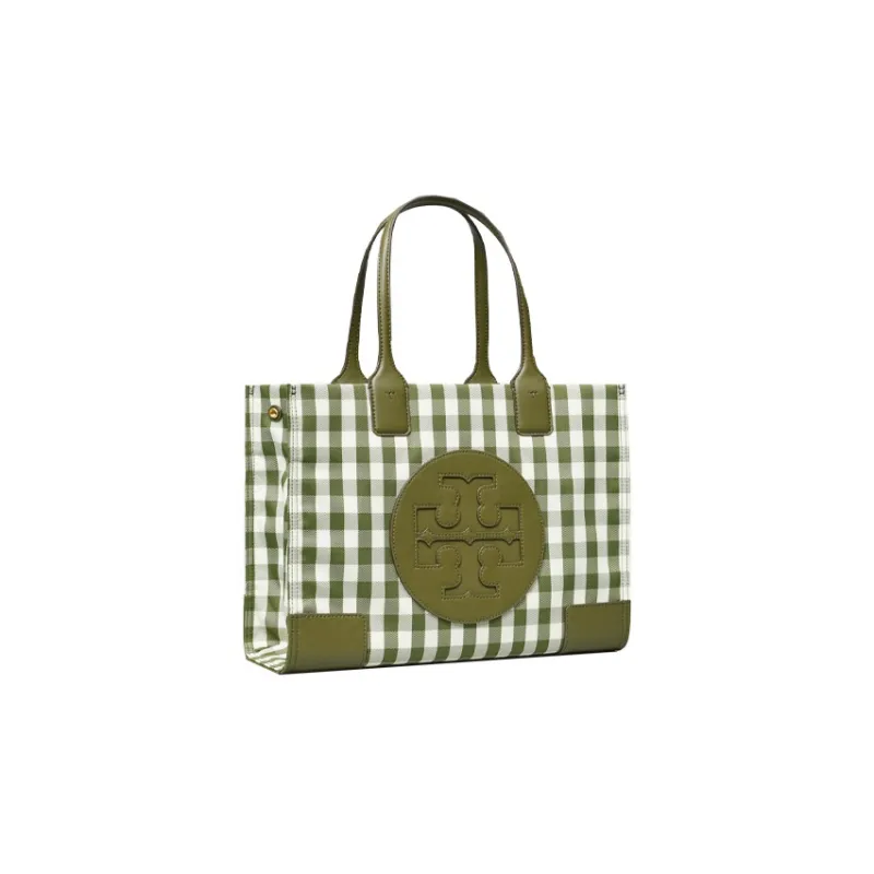 TORY BURCH PU Leather Tote Bag, Shopping Bag, Handbag Mini Women's Olive Green & Ivory White Plaid-1
