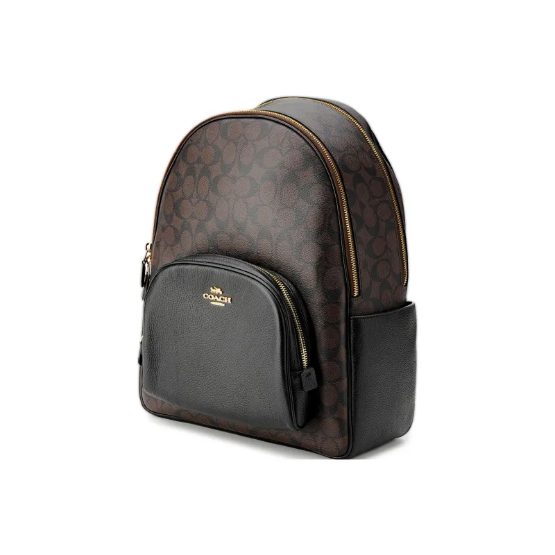 COACH Court Canvas With Leather Backpack Large Size Unisex Black & Dark Brown Monogram-1