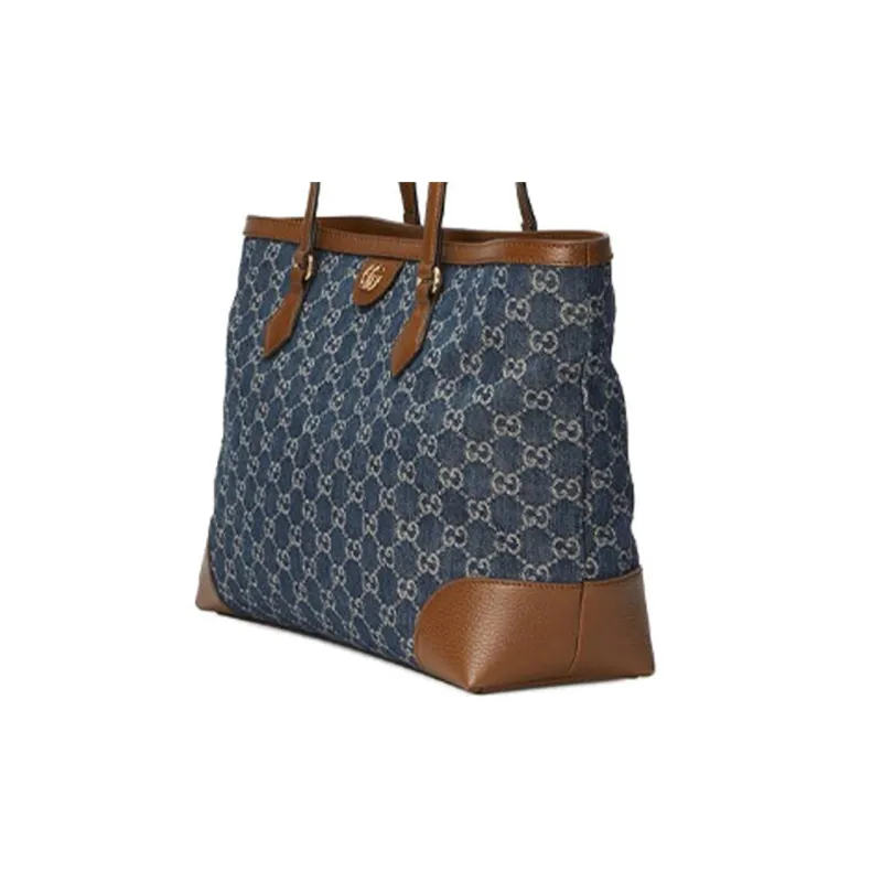 GUCCI Ophidia Denim With Leather Tote Bag, Shopping Bag, Shoulder Bag, Handbag Medium Size Women's Gray Blue/Brown-7