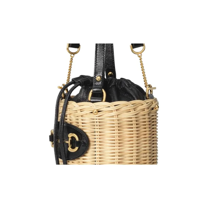 GUCCI Woven Wicker With Leather One Shoulder Handbag, Crossbody Bag Small Size Women's Beige/Black/Gold-6
