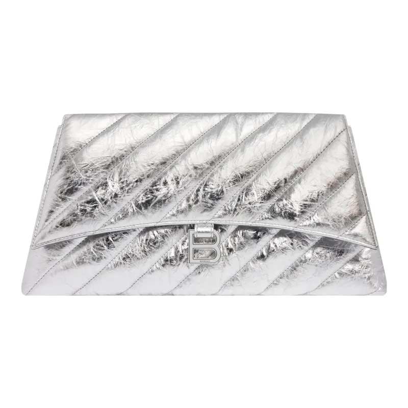 Balenciaga CRUSH Embossed Cowhide Leather Clutch Large Size Women's Silver-0
