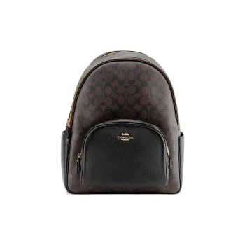 COACH Court Canvas With Leather Backpack Large Size Unisex Black & Dark Brown Monogram