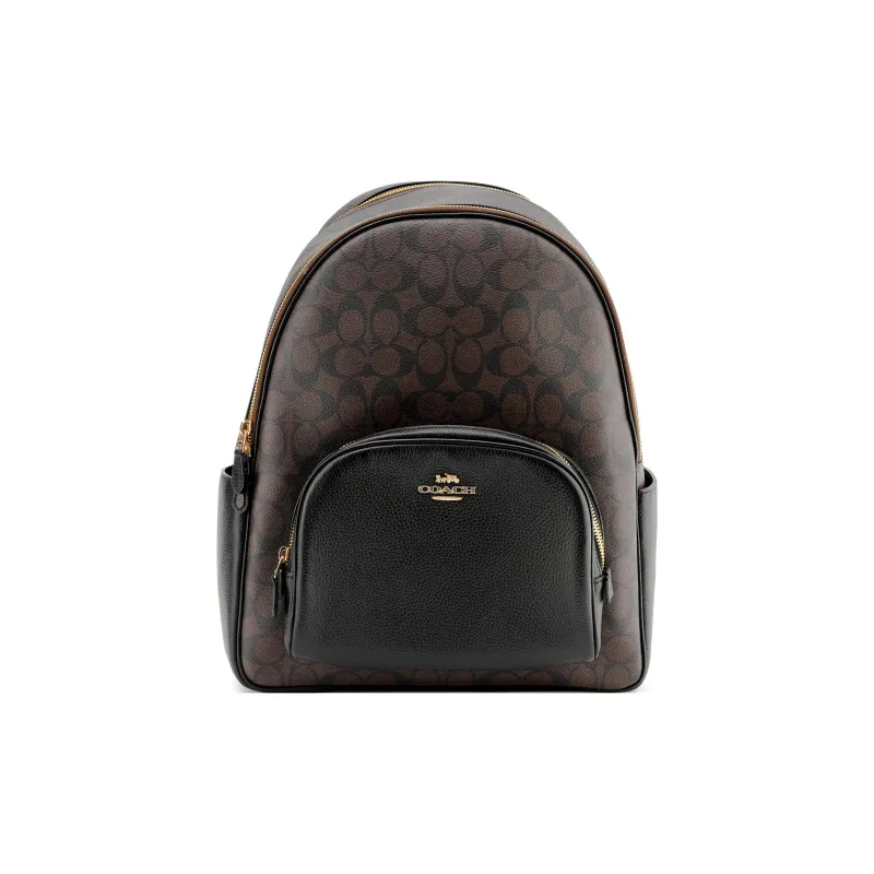 COACH Court Canvas With Leather Backpack Large Size Unisex Black & Dark Brown Monogram-0