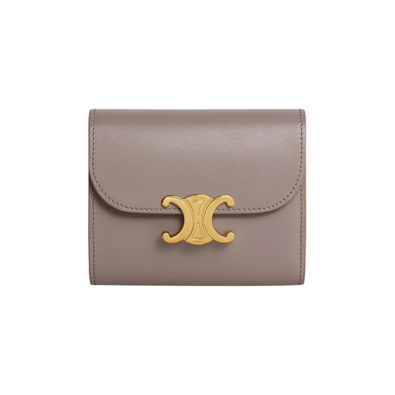 CELINE Triomphe Arc De Triomphe Shiny Calfskin Card Holder Wallet Small Size Women's Eggstone Gray-0