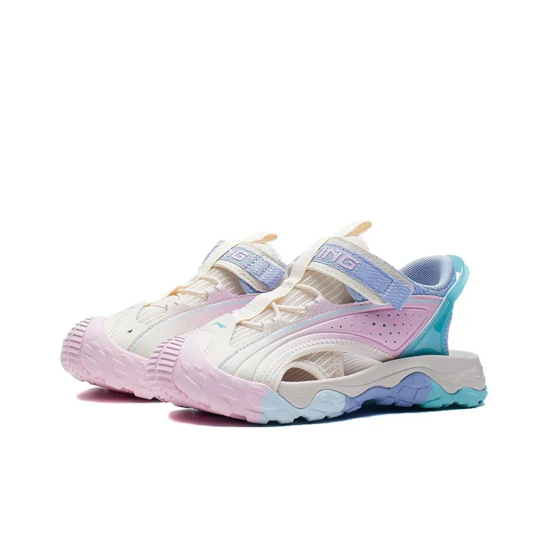 LiNing Wave Riding Sports Slippers White Pink Blue Teenagers-2