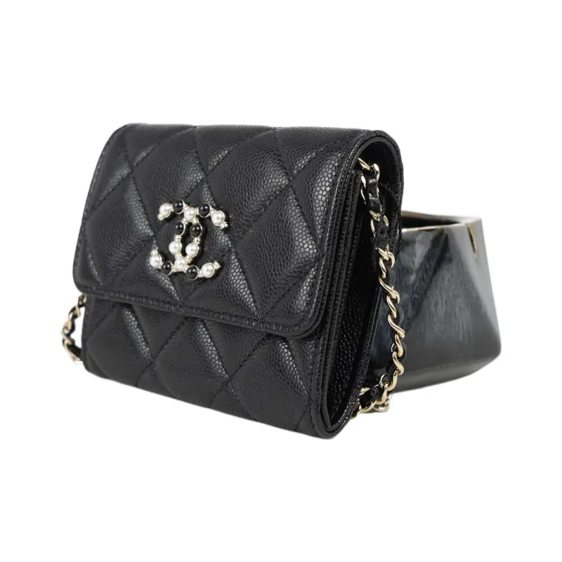 CHANEL Litchi Leather Small Card Holder, One Shoulder Crossbody Coin Purse Trumpets Women's Black-1