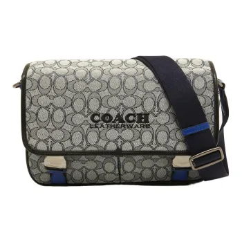 COACH League Fabric Cow Leather Patchwork Messenger Bag Shoulder Bag Crossbody Bag Large Size Men's Dark Gray