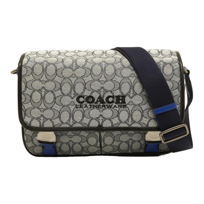 COACH League Fabric Cow Leather Patchwork Messenger Bag Shoulder Bag Crossbody Bag Large Size Men's Dark Gray-0