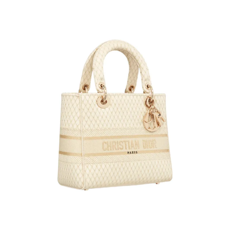 DIOR Lady D-Lite Gold Diamond Embroidery Dior Bag Shoulder Bag Crossbody Bag Handbag Medium Size Women's Beige-1