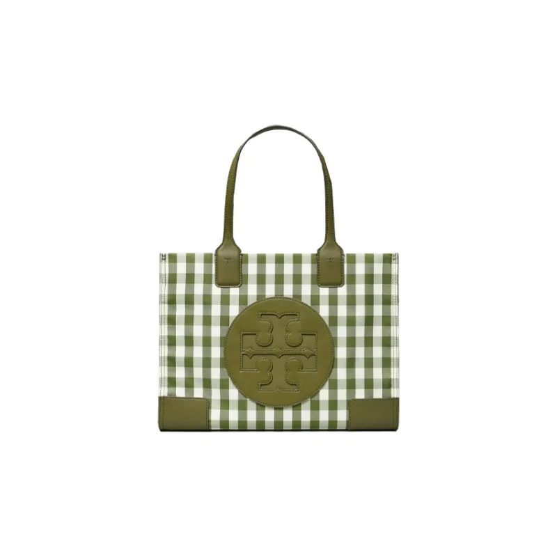 TORY BURCH PU Leather Tote Bag, Shopping Bag, Handbag Mini Women's Olive Green & Ivory White Plaid-0