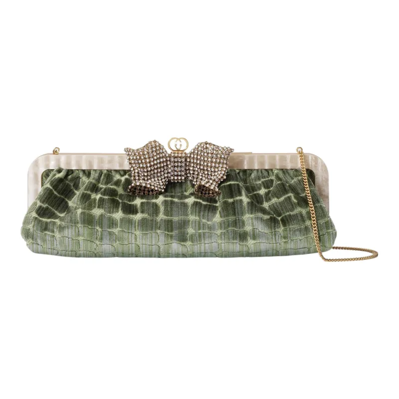 GUCCI Velvet Jacquard One Shoulder Crossbody Clutches Women's Green-0
