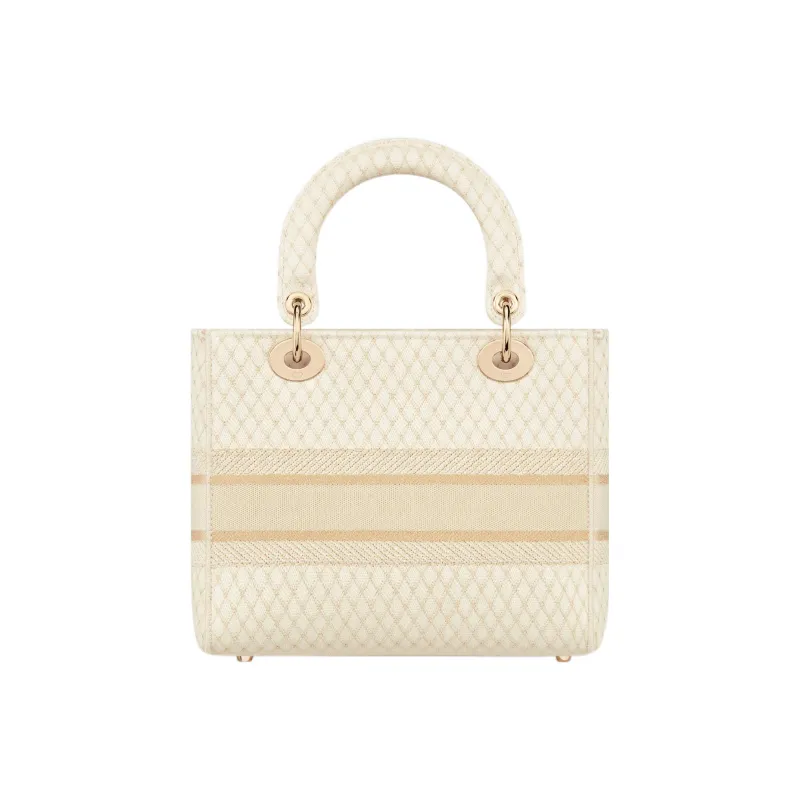 DIOR Lady D-Lite Gold Diamond Embroidery Dior Bag Shoulder Bag Crossbody Bag Handbag Medium Size Women's Beige-4