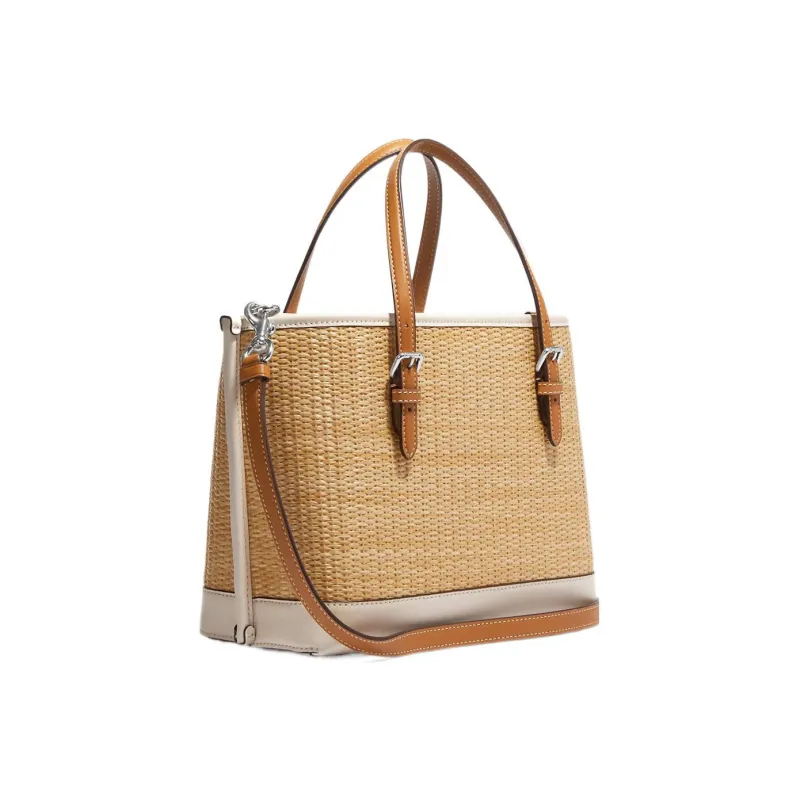 COACH Molly Tote Bag, Shopping Bag, Straw Woven Leather Handbag Medium Size Women's Brown & White-1