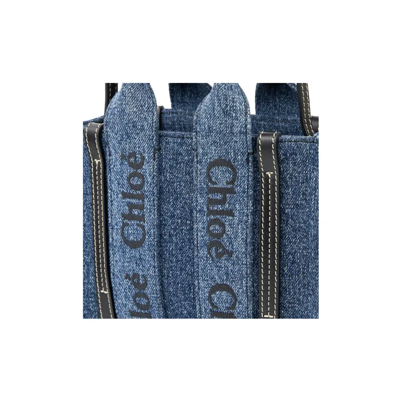 Chloe Woody Linen Denim With Calfskin Tote Bag Shopping Bag Shoulder Bag Crossbody Bag Handbag Mini Women's Denim-3