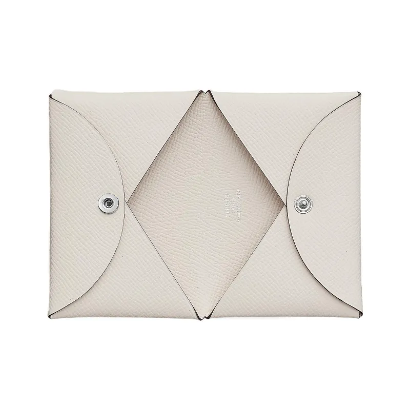 HERMES Calvi Epsom Calfskin Card Holder Women's Light Gray-4