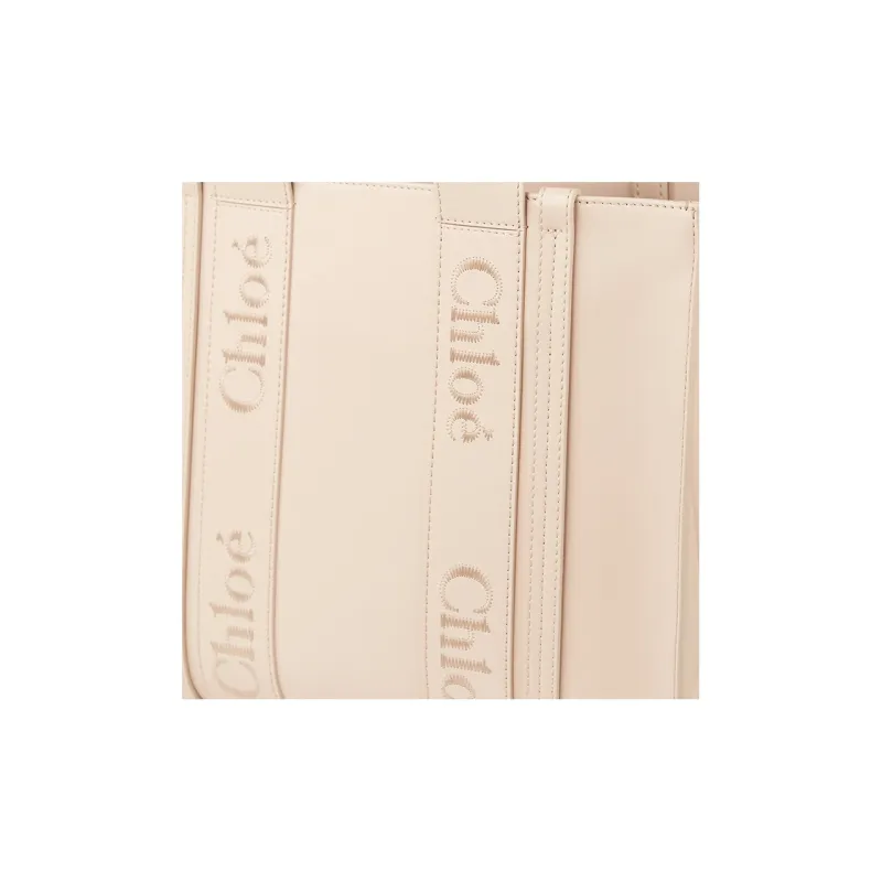 Chloe Woody Calfskin Tote Bag Shopping Bag Shoulder Bag Handbag Medium Size Women's Gray Pink-3
