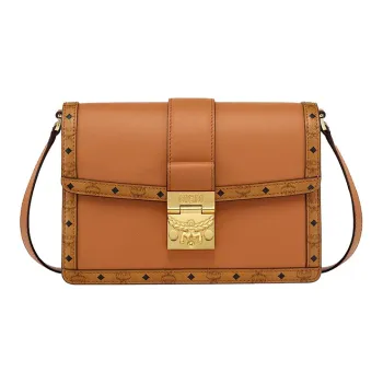 MCM Tracy Visetos Calfskin Messenger Bag, Crossbody Bag Medium Size Women's Brown Cognac