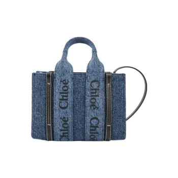 Chloe Woody Linen Denim With Calfskin Tote Bag Shopping Bag Shoulder Bag Crossbody Bag Handbag Mini Women's Denim