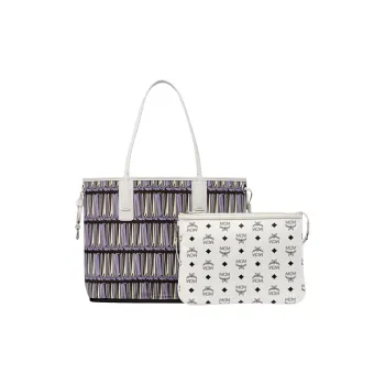 MCM Liz Visetos Fabric Artificial Leather Combo Bag Tote Bag Shopping Bag Shoulder Bag Medium Size Women's White