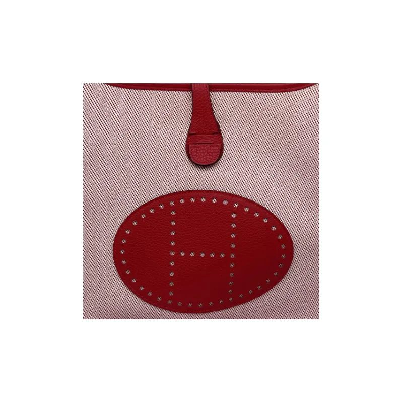 HERMES Evelyne Canvas With Clemence Bullock Leather Canvas Bag Shoulder Bag Crossbody Bag Women's Heart Red-2