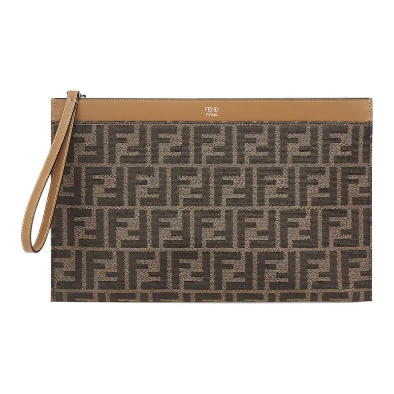 FENDI Cow Leather Clutch Medium Size Men's Brown-0
