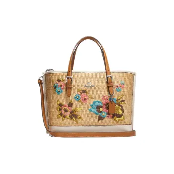 COACH Molly Tote Bag, Shopping Bag, Straw Woven Leather Handbag Medium Size Women's Brown & White