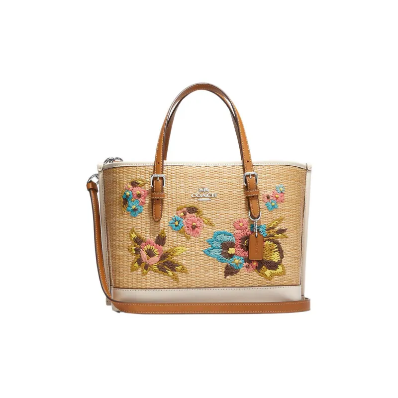 COACH Molly Tote Bag, Shopping Bag, Straw Woven Leather Handbag Medium Size Women's Brown & White-0