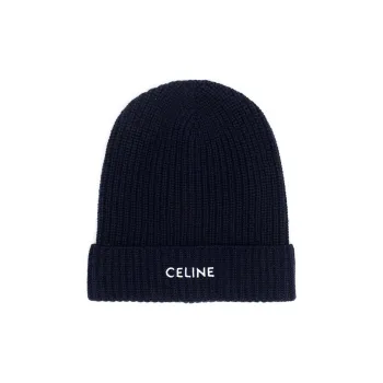 CELINE Cashmere Knitted Hat Unisex Blue