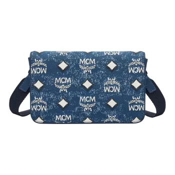 MCM Aren Visetos Leather, Textile Envelope Bag, Messenger Bag, Shoulder Bag, Crossbody Bag Regular Women's Denim Blue