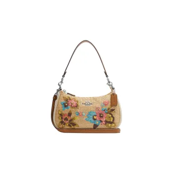 COACH Teri Straw Woven With Leather Shoulder Bag, Crossbody Bag Women's Brown