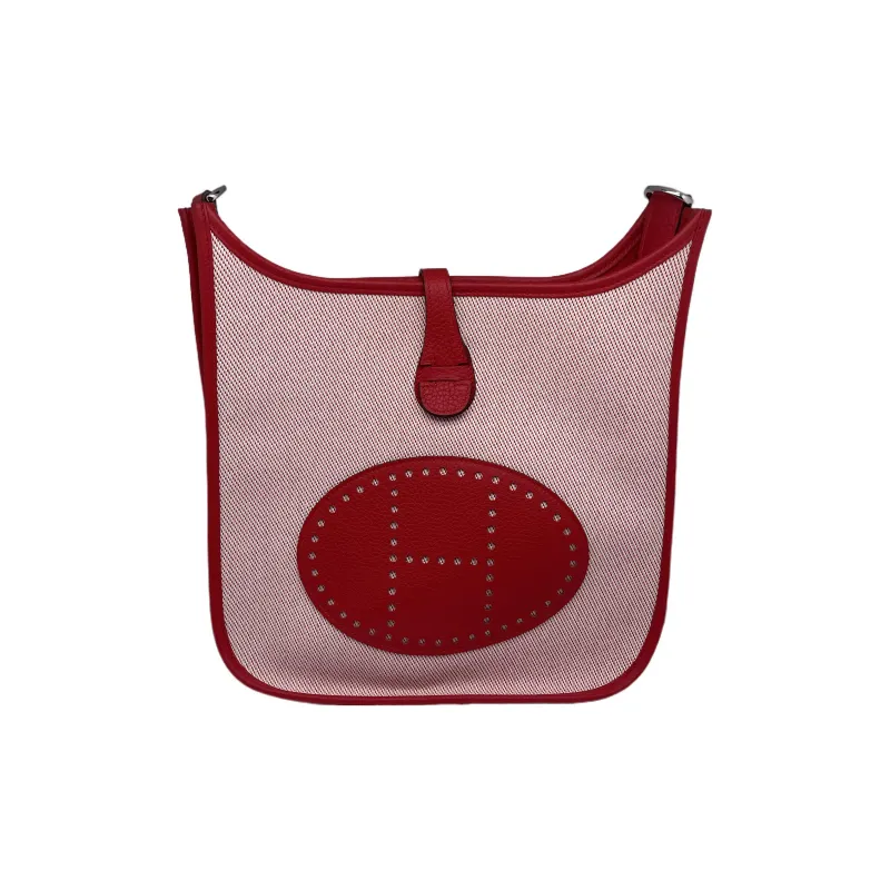 HERMES Evelyne Canvas With Clemence Bullock Leather Canvas Bag Shoulder Bag Crossbody Bag Women's Heart Red-1
