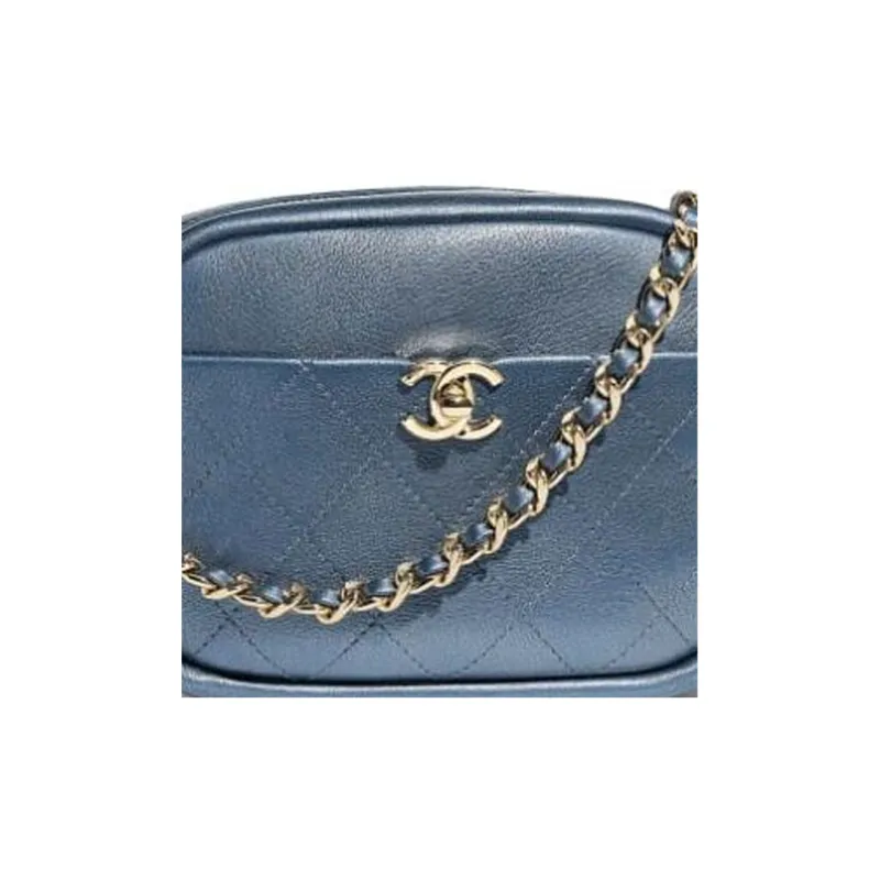CHANEL Metal Texture Sheepskin With Bright Gold Metal Camera Bag, Shoulder Bag, Crossbody Bag Women's Blue-3
