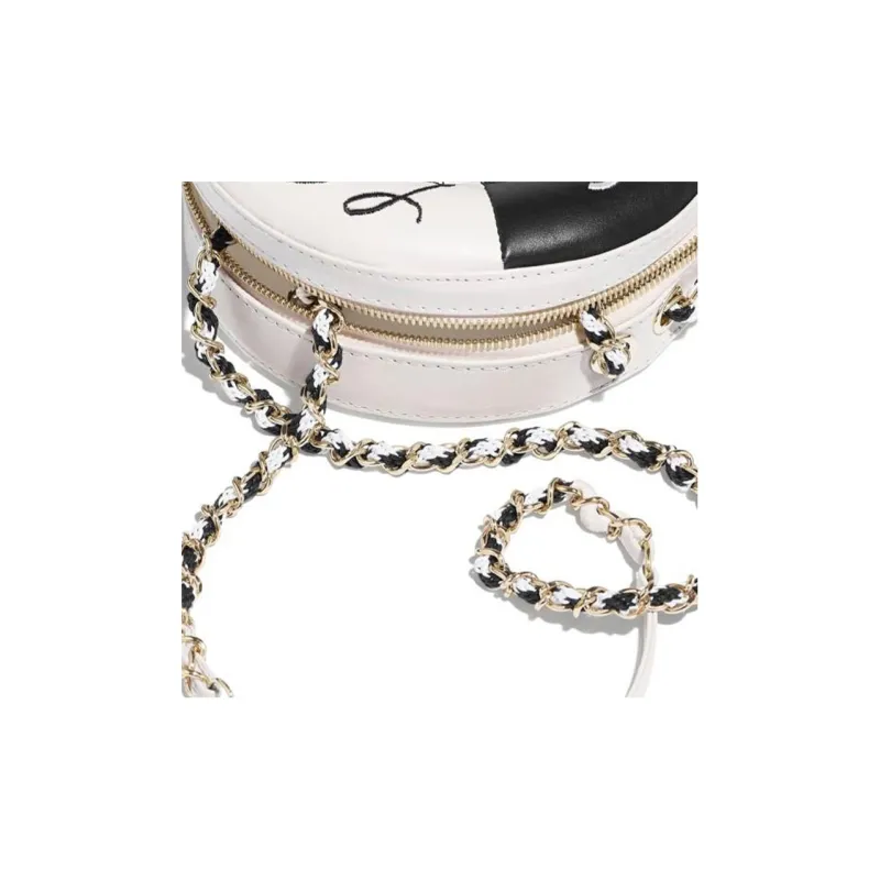 CHANEL Sheepskin Round Bag, Shoulder Bag, Crossbody Bag Women's Black/White-3