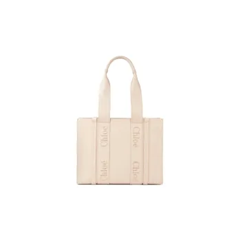Chloe Woody Calfskin Tote Bag Shopping Bag Shoulder Bag Handbag Medium Size Women's Gray Pink