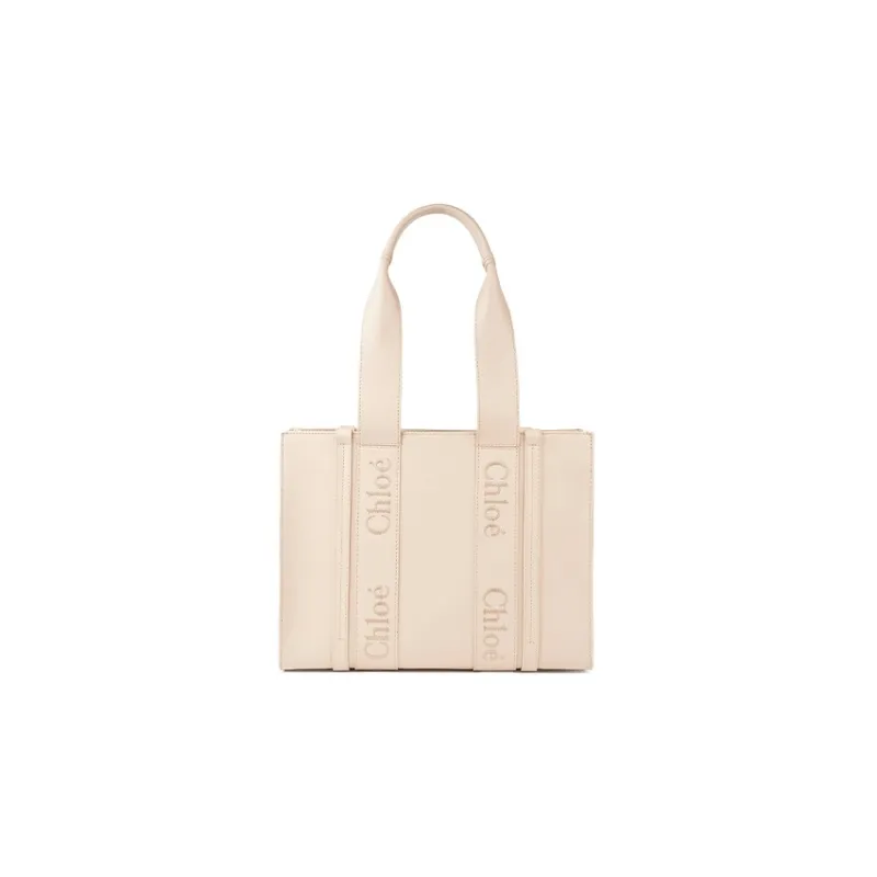 Chloe Woody Calfskin Tote Bag Shopping Bag Shoulder Bag Handbag Medium Size Women's Gray Pink-0