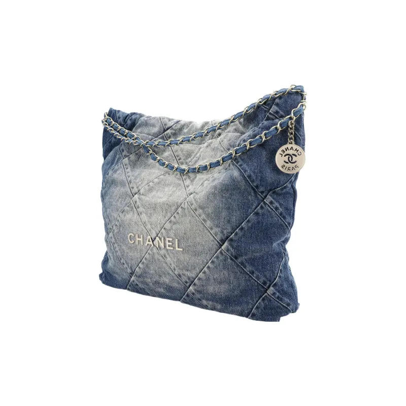 CHANEL 22Bag Distressed Denim Trash Bag Tote Bag Shopping Bag Handbag Shoulder Bag Unisex Washed Denim Blue-1