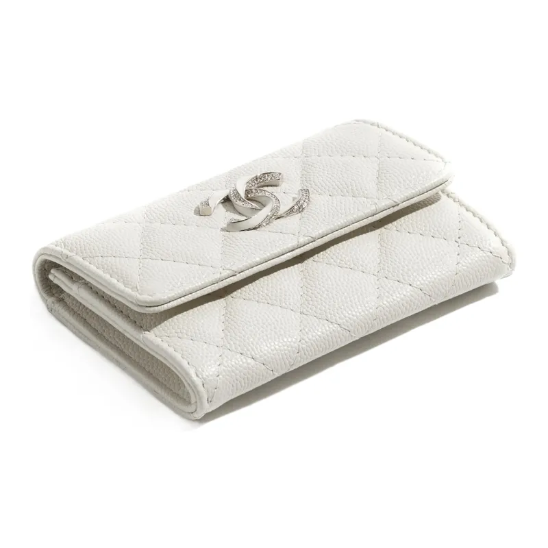 CHANEL Bright Logo Grain Litchi Grain Cow Leather Card Holder, Wallet Women's White-1