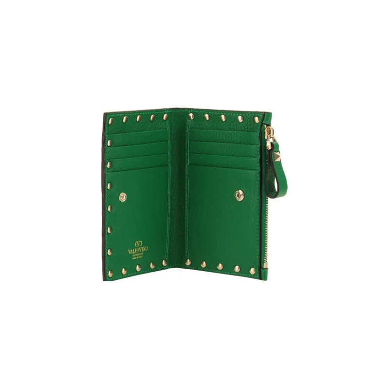 Valentino Rockstud Calfskin Wallet Coin Purses Card Holders Regular Women's Green-4
